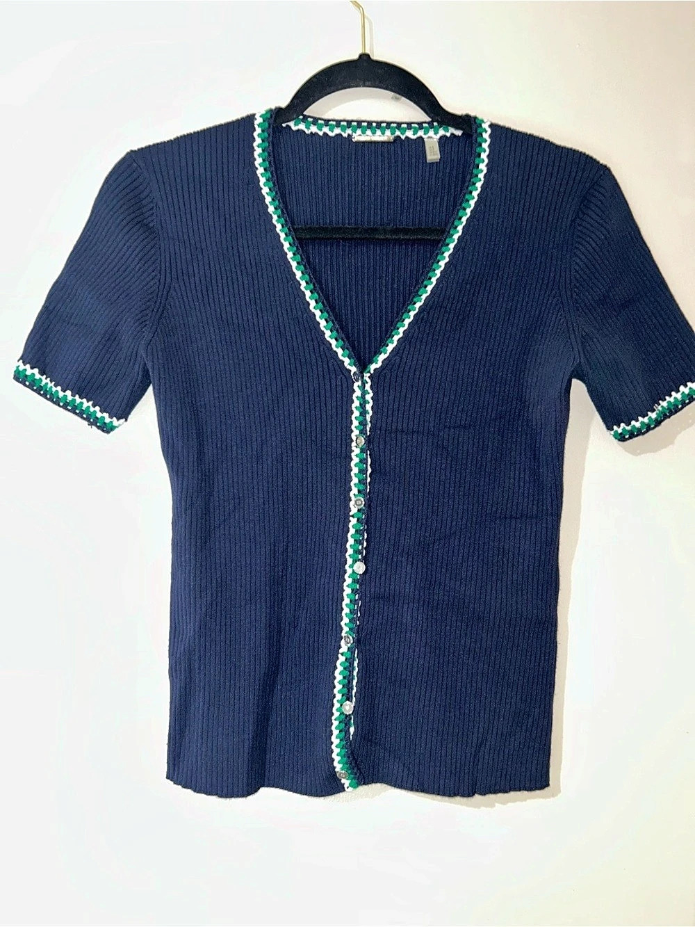 Short-Sleeve Crochet Floral Cardigan Blue